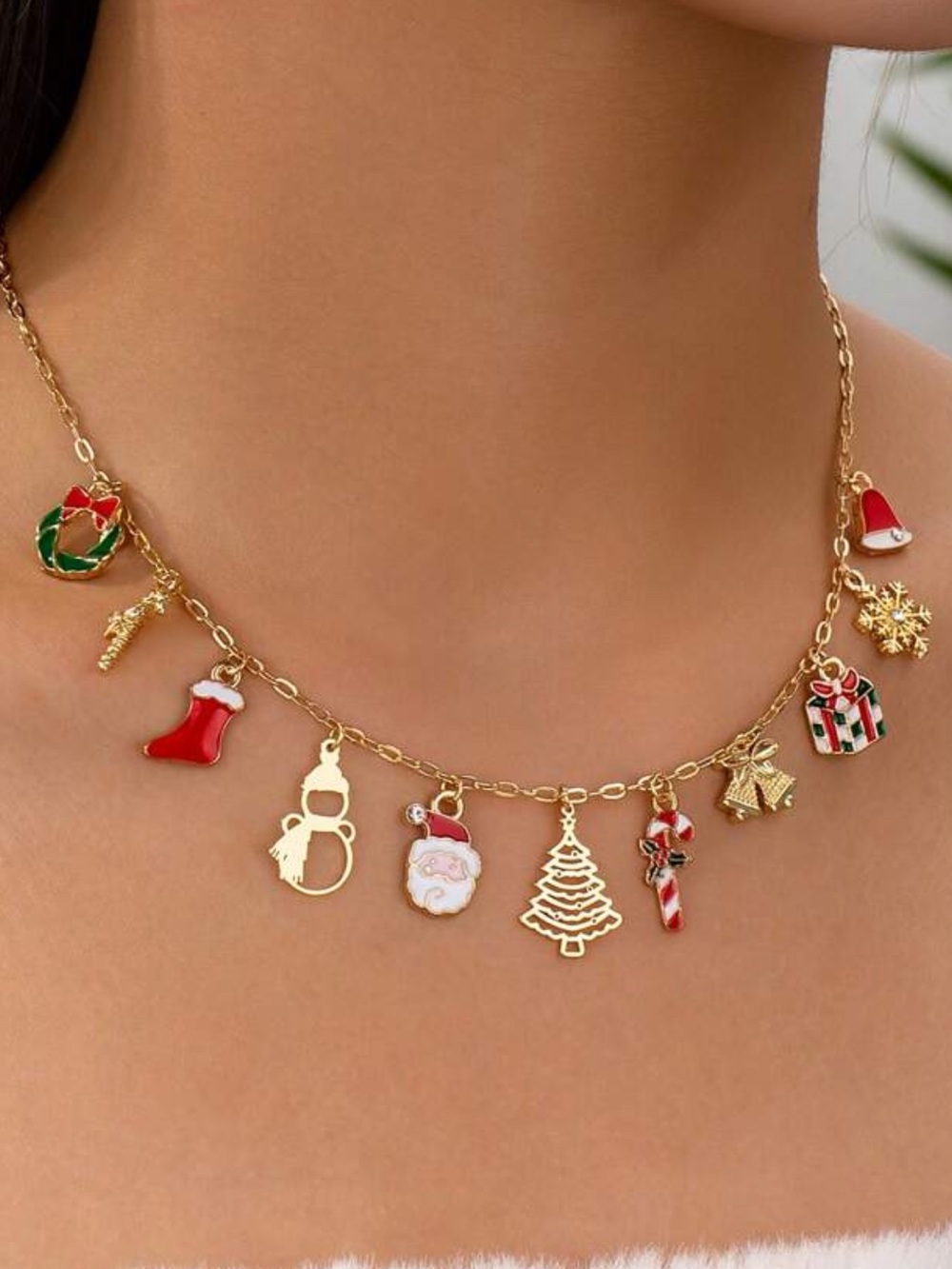 Gold Holiday Charm Necklace with Red & Green Enamel Accents